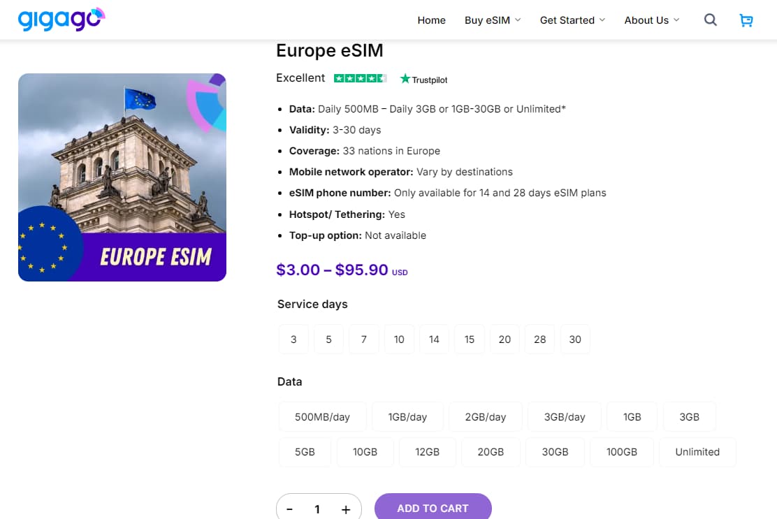 Buying Europe eSIM by Gigago